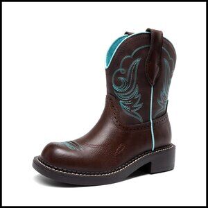 Round Toe Embroidered Mid Calf Western Boots Slip On Work Casual